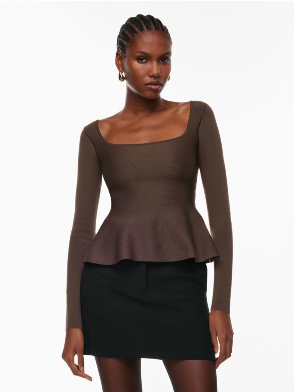 Aritzia Sculpt Knit Pouf Brown Square-Neck Long Sleeve Peplum Top medium Chic
